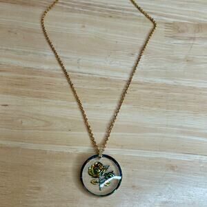 Vintage Germany Glass Reverse Carved Iridescent Rose Round Pendant Necklace